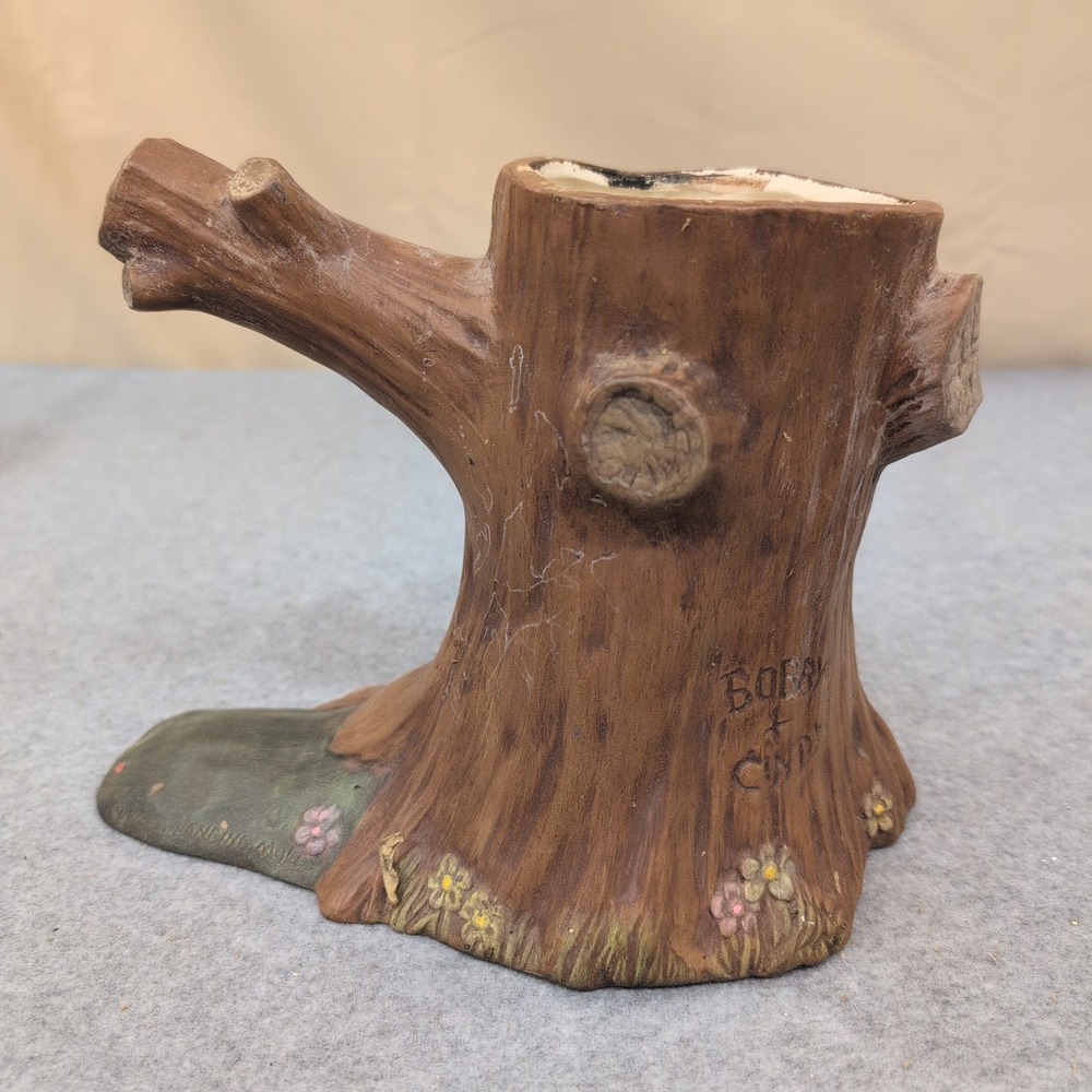 Vintage Tree Stump Ceramic Planter Bark Texture Heart Carving Brown Floral - Picture 8 of 13